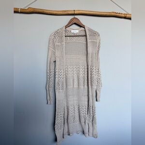 Chelsea & Theodore Open-Knit Long Cardigan in Light Beige
